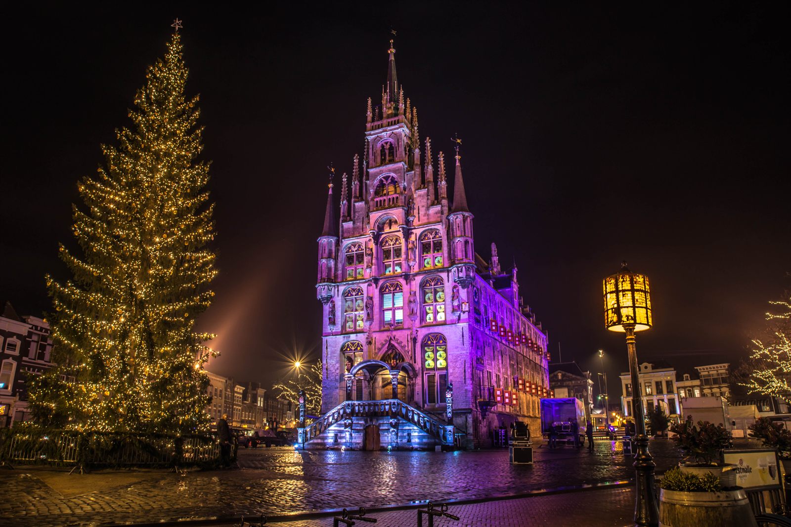 Town hall and Christmas tree at night